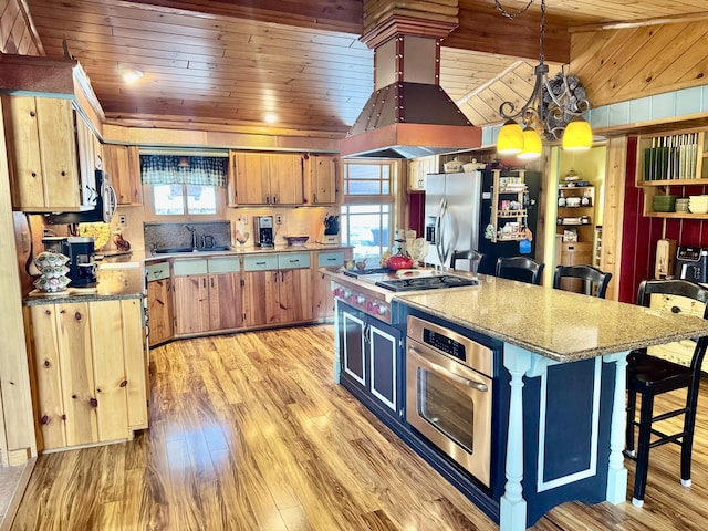 kitchen with light wood-style floors, extractor fan, appliances with stainless steel finishes, and wooden ceiling