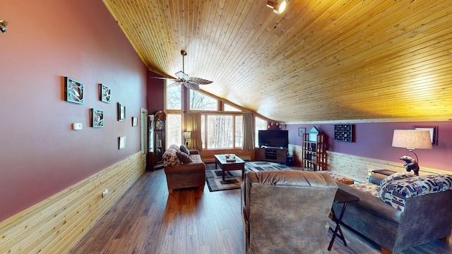 living area featuring a wainscoted wall, wood-type flooring, and wood ceiling