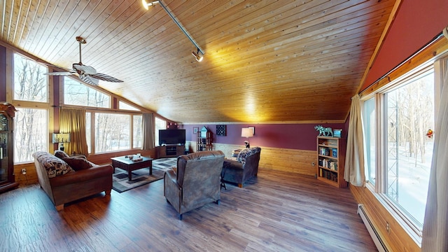 living room featuring track lighting, a baseboard heating unit, wood ceiling, lofted ceiling, and hardwood / wood-style flooring