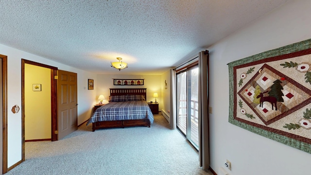 bedroom featuring access to exterior, baseboards, carpet flooring, baseboard heating, and a textured ceiling