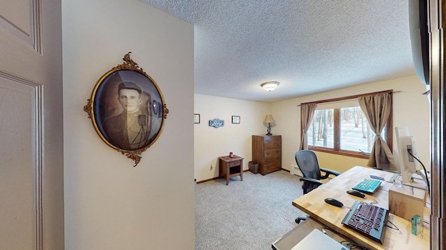 office area featuring a textured ceiling, baseboards, and carpet