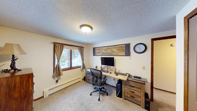 carpeted home office with a textured ceiling, a baseboard heating unit, and baseboards