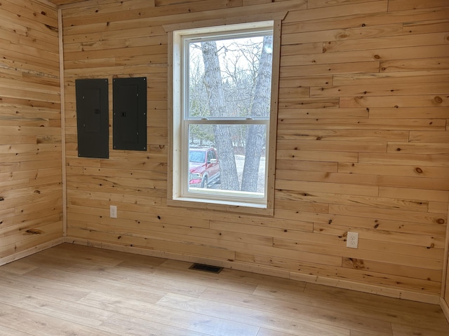 spare room featuring electric panel, light wood-style floors, visible vents, and wood walls