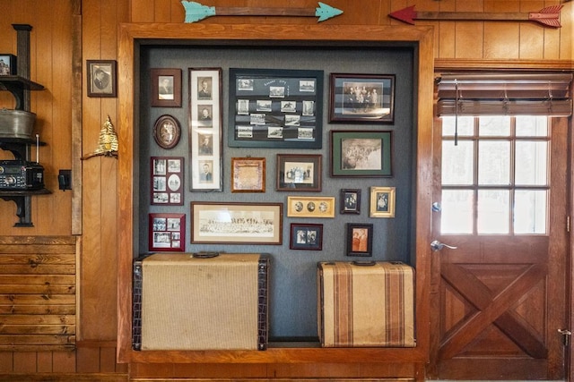 interior space featuring wooden walls