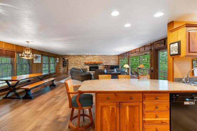 kitchen featuring a large fireplace, dishwasher, light countertops, a wealth of natural light, and light wood-style flooring