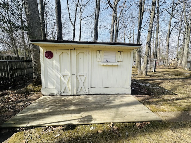 view of shed with a fenced backyard