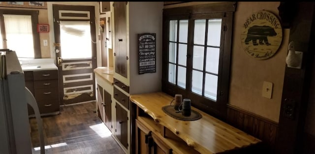 doorway with wainscoting and dark wood-type flooring