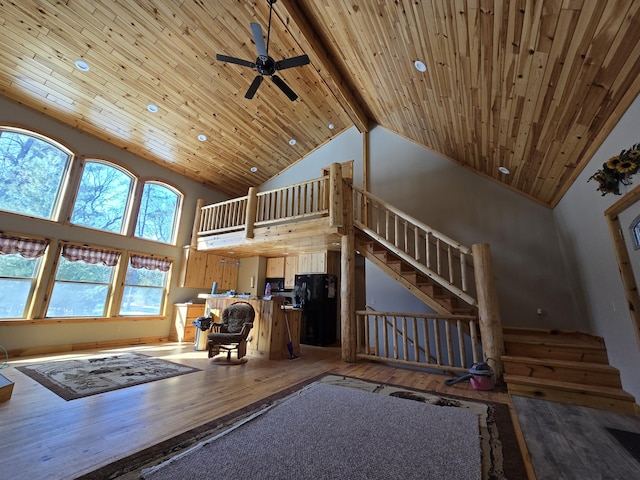 unfurnished living room with wooden ceiling, high vaulted ceiling, and wood-type flooring