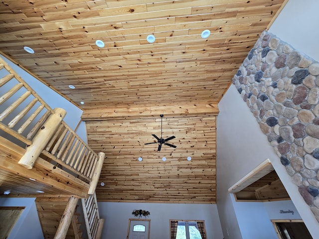 details featuring a ceiling fan and wood ceiling