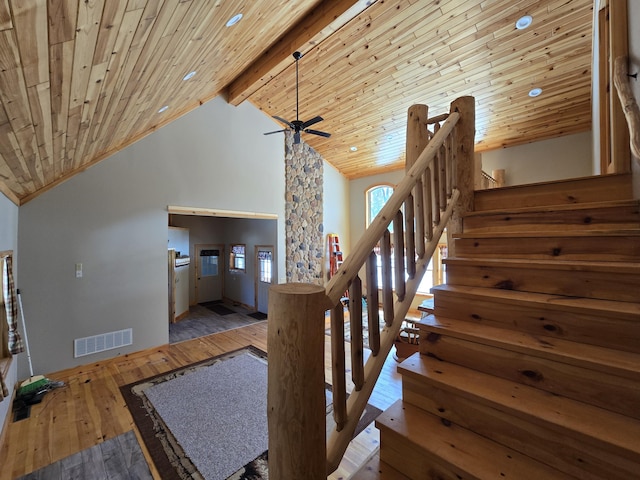 stairs with visible vents, wood ceiling, high vaulted ceiling, a ceiling fan, and wood-type flooring