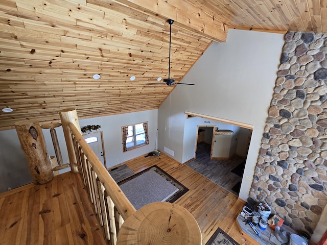 unfurnished living room featuring beam ceiling, high vaulted ceiling, hardwood / wood-style floors, and wooden ceiling