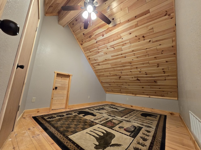 bonus room with visible vents, vaulted ceiling with beams, ceiling fan, and wood finished floors