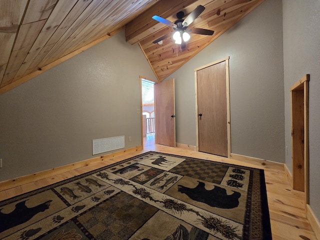 interior space with baseboards, visible vents, beam ceiling, wood ceiling, and light wood-type flooring