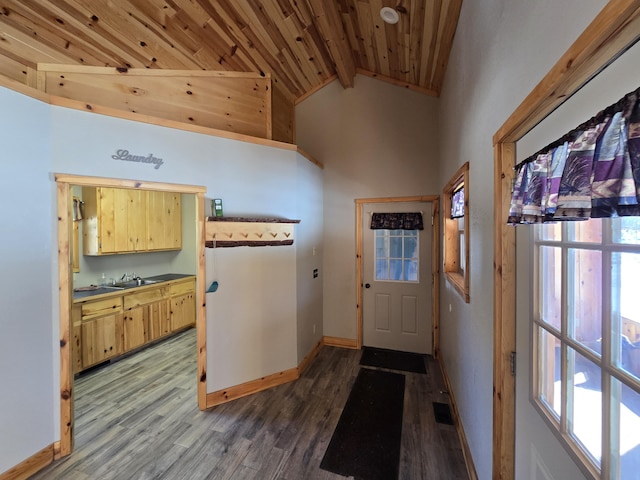 interior space featuring beam ceiling, plenty of natural light, wooden ceiling, baseboards, and dark wood-style flooring