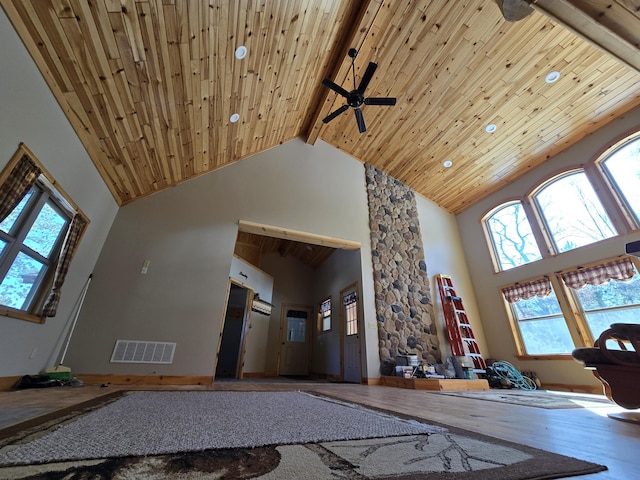 unfurnished living room featuring beam ceiling, wooden ceiling, visible vents, and high vaulted ceiling