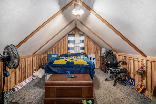 4421 Kimball Ave, Gaylord, MI 49735 - carpeted bedroom featuring wood walls and vaulted ceiling
