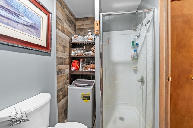 6122 Beach Rd, Johannesburg, MI 49751 - full bathroom featuring toilet, wood walls, and a shower stall