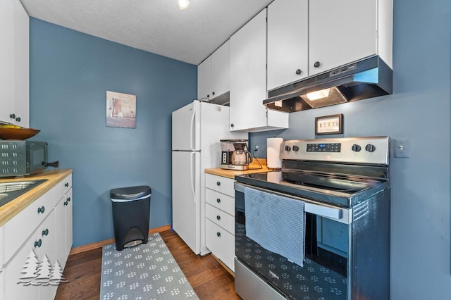 6122 Beach Rd, Johannesburg, MI 49751 - kitchen with black microwave, electric range, under cabinet range hood, and dark wood-style flooring