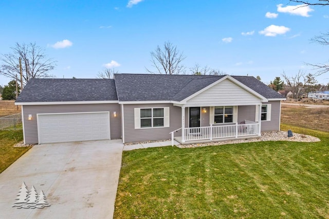 3211 Jenson St, Lewiston, MI 49756 - ranch-style home featuring concrete driveway, an attached garage, a front lawn, a shingled roof, and a porch