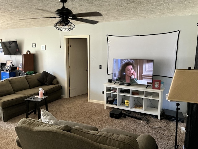 2007 M30, Gladwin, MI 48624 - living area featuring carpet floors, a textured ceiling, a ceiling fan, and baseboards