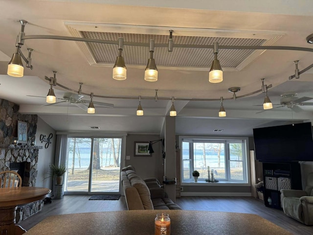 605 Sam-O-Set Blvd, Roscommon, MI 48653 - living room with a stone fireplace, a wealth of natural light, wood finished floors, and a ceiling fan