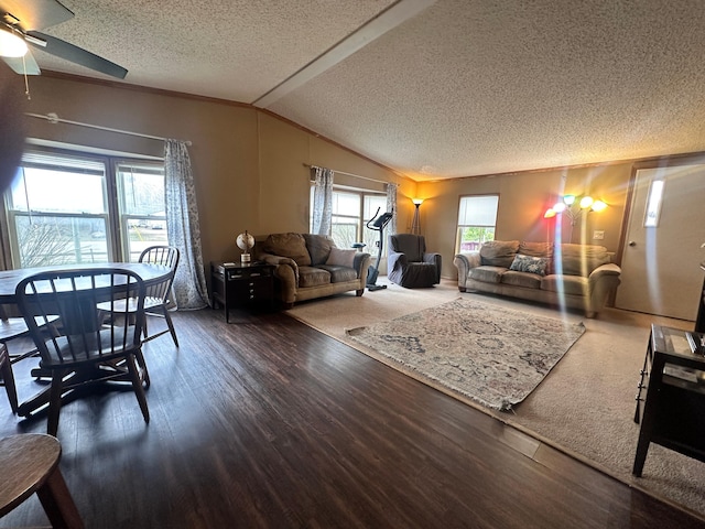 5128 Krys Rd, Gaylord, MI 49735 - living room featuring a ceiling fan, a textured ceiling, vaulted ceiling, and wood finished floors
