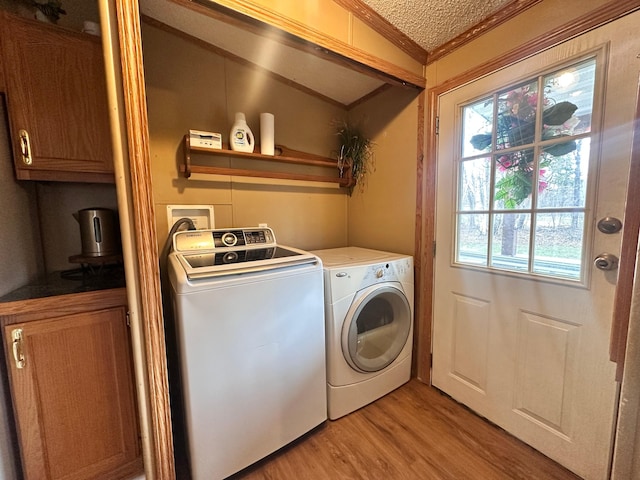 5128 Krys Rd, Gaylord, MI 49735 - laundry room with light wood-style floors, ornamental molding, and washing machine and clothes dryer
