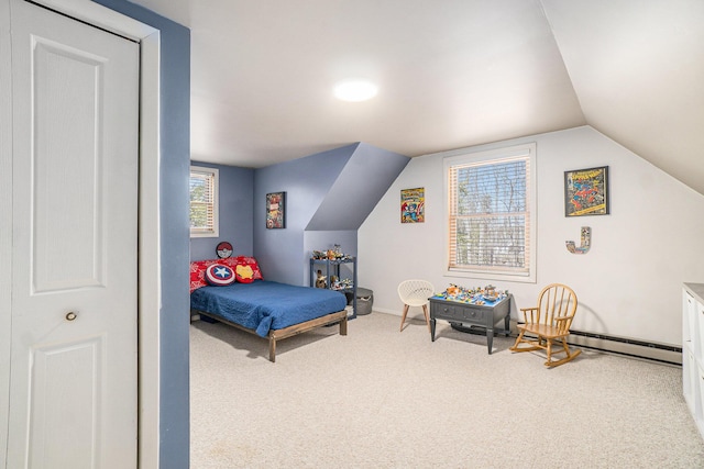 carpeted bedroom featuring vaulted ceiling and baseboards