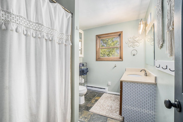 full bathroom with stone tile flooring, toilet, baseboards, baseboard heating, and vanity