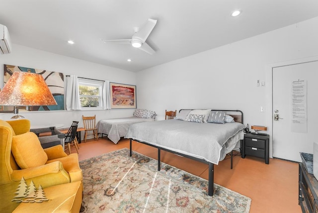 4565 Grant Dr, Lewiston, MI 49756 - carpeted bedroom with a ceiling fan, an AC wall unit, and recessed lighting