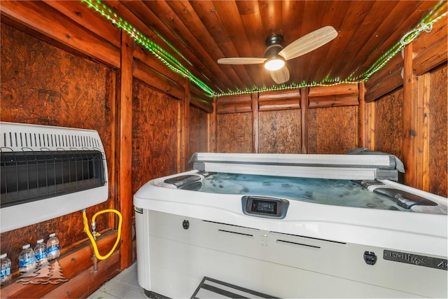 4565 Grant Dr, Lewiston, MI 49756 - laundry area featuring wood ceiling, heating unit, and ceiling fan