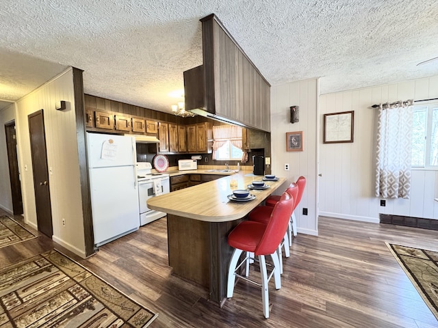 1570 E College Dr, Lewiston, MI 49756 - kitchen featuring white appliances, light countertops, a peninsula, a sink, and dark wood finished floors