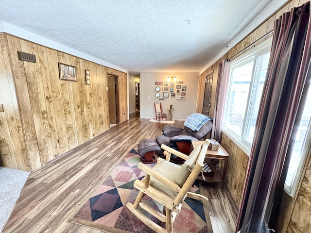 1570 E College Dr, Lewiston, MI 49756 - living area with wooden walls, wood finished floors, and a textured ceiling
