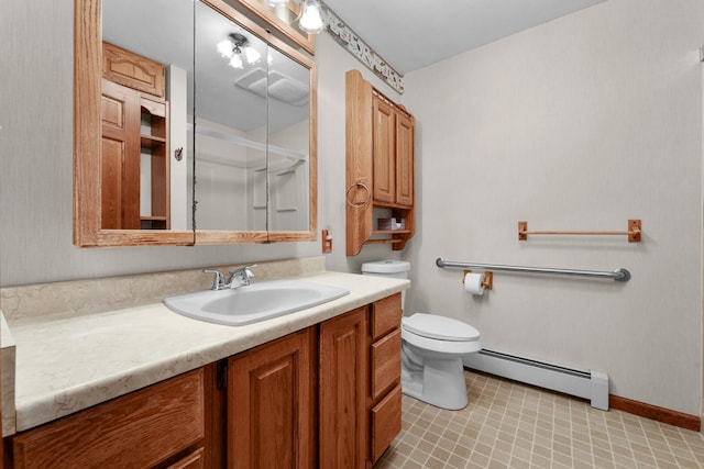 1384 W Higgins Lake Dr, Roscommon, MI 48653 - full bathroom featuring a baseboard radiator, vanity, toilet, a shower, and tile patterned floors
