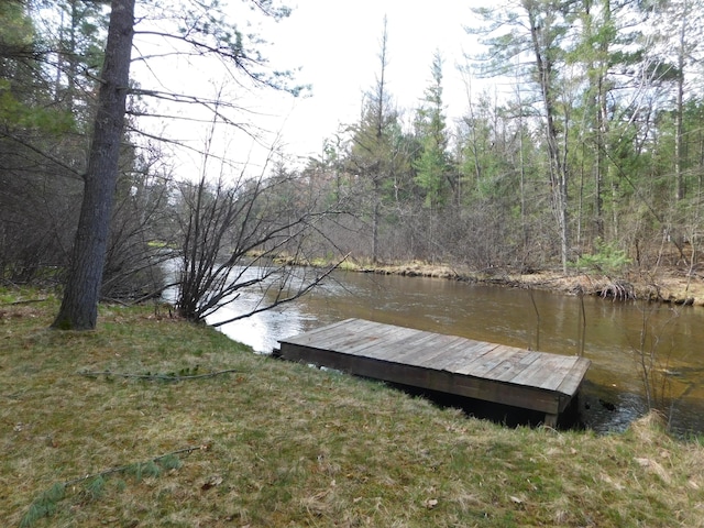 dock area featuring a water view and a forest view