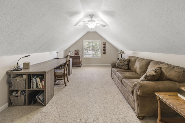 6150 Northpoint Dr, Saint Helen, MI 48656 - living room with a textured ceiling, carpet flooring, ceiling fan, and vaulted ceiling