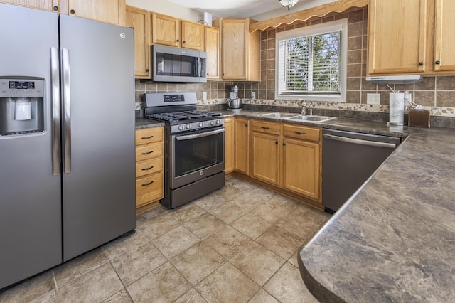 6150 Northpoint Dr, Saint Helen, MI 48656 - kitchen with stainless steel appliances, decorative backsplash, dark countertops, and light stone finish flooring