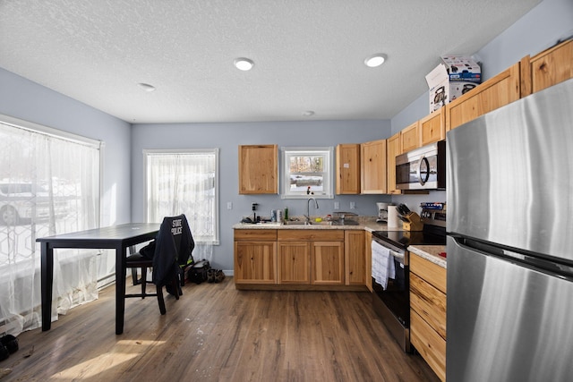 635 Gazelle St, Gaylord, MI 49735 - kitchen with a sink, light countertops, appliances with stainless steel finishes, a textured ceiling, and dark wood finished floors