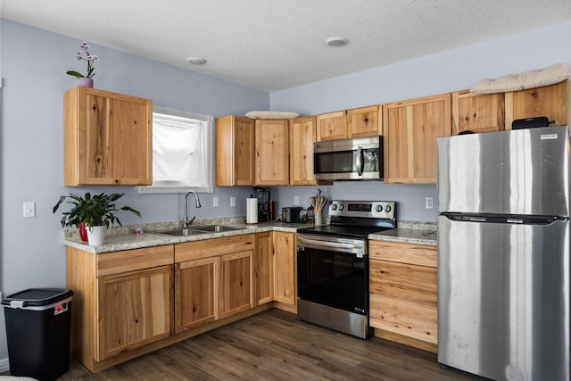 635 Gazelle St, Gaylord, MI 49735 - kitchen featuring dark wood-style floors, light countertops, a textured ceiling, stainless steel appliances, and a sink