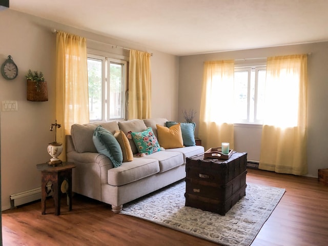 living room featuring wood finished floors and baseboard heating