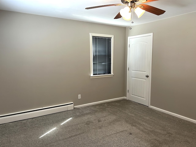 unfurnished room with a baseboard radiator, ceiling fan, baseboards, and carpet floors