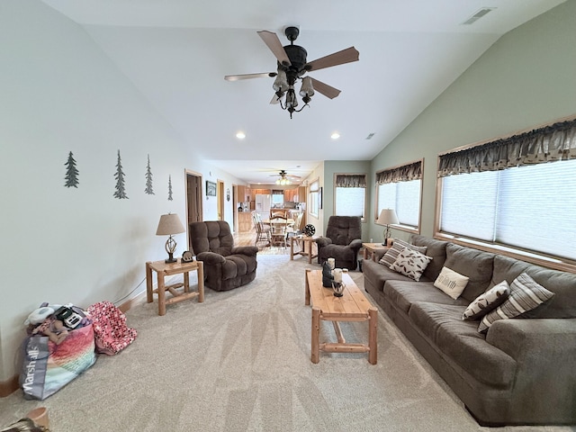 living area featuring visible vents, a ceiling fan, baseboards, recessed lighting, and carpet flooring