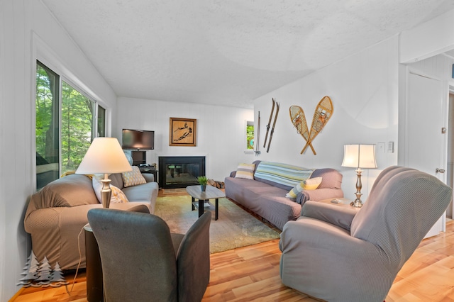 living area with a glass covered fireplace, a textured ceiling, and wood finished floors