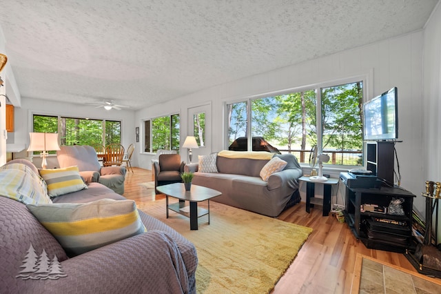 living area with ceiling fan, wood finished floors, and a textured ceiling