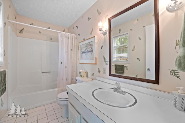 full bath featuring vanity, tile patterned flooring, shower / bath combination with curtain, a textured ceiling, and toilet