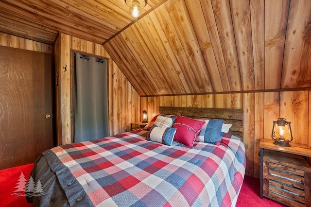 carpeted bedroom featuring wooden walls, wooden ceiling, and vaulted ceiling