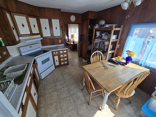 2051 Stutesman Dr, Fairview, MI 48621 - kitchen with a sink, wood walls, white range with electric stovetop, and exhaust hood