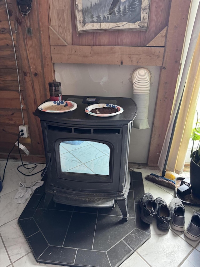 interior details featuring a wood stove