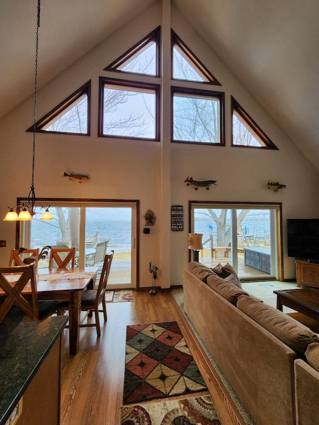 living area featuring high vaulted ceiling and light wood-style flooring