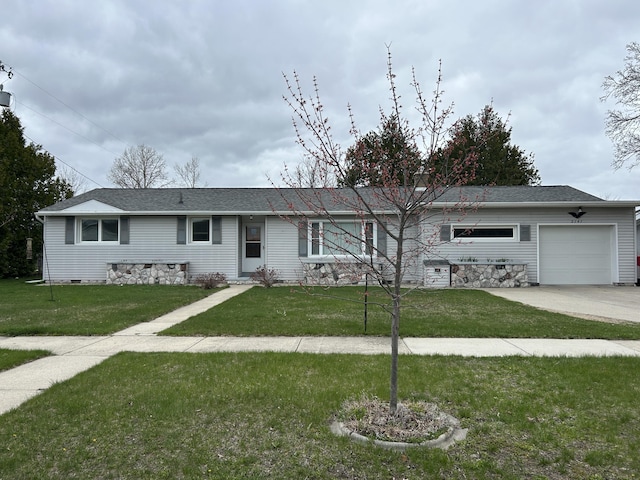 2141 S First Ave, Alpena, MI 49707 - ranch-style house featuring concrete driveway, a shingled roof, a front lawn, and a garage